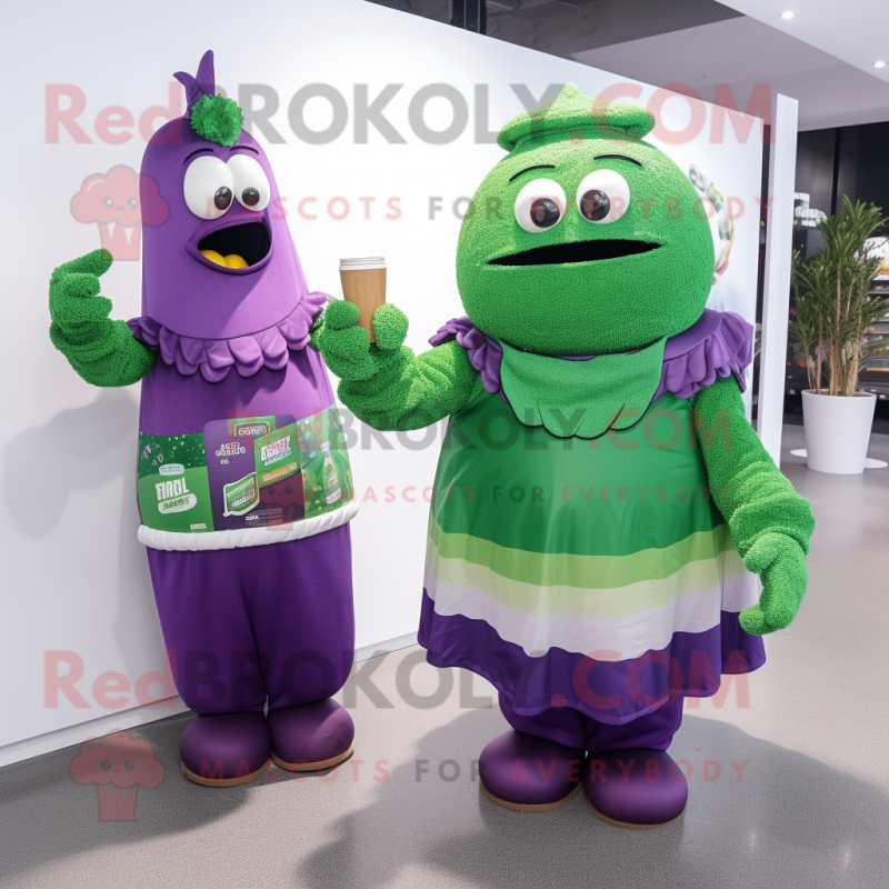 Purple Green Beer mascot costume character dressed with a Wrap Dress and Cummerbunds Purple Green Beer mascot costume character dressed with a Wrap Dress and Cummerbunds