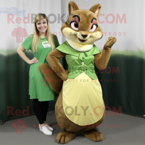 Olive Chipmunk mascot costume character dressed with a Pencil Skirt and Shawl pins