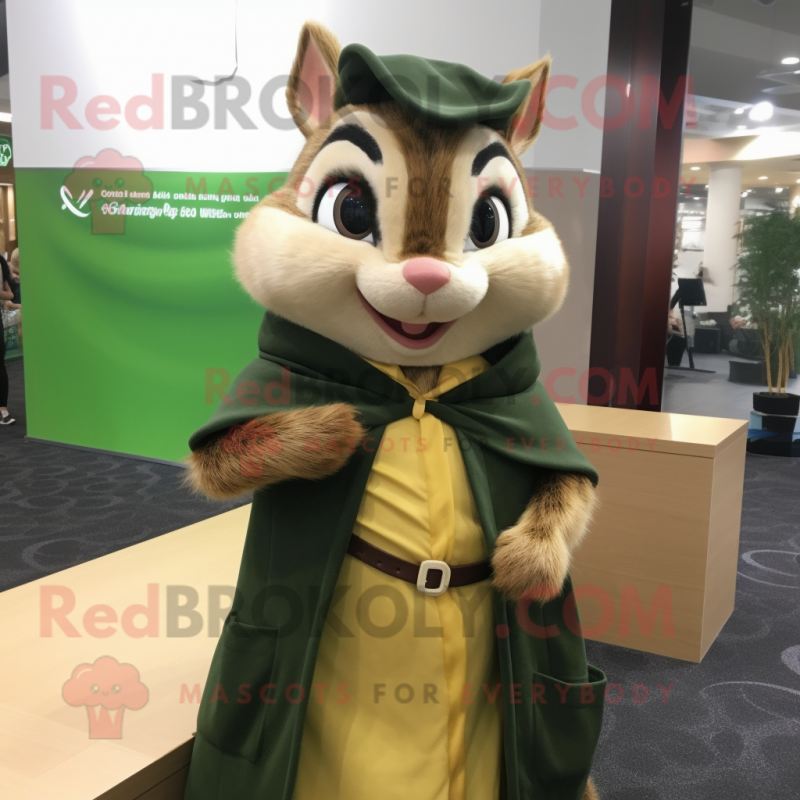 Olive Chipmunk mascot costume character dressed with a Pencil Skirt and Shawl pins