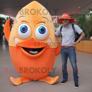 Peach Fish Tacos mascot costume character dressed with a Skinny Jeans and Cummerbunds