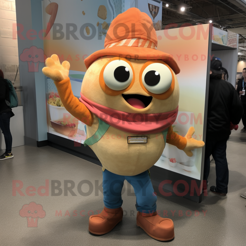 Peach Fish Tacos mascot costume character dressed with a Skinny Jeans and Cummerbunds Peach Fish Tacos mascot costume character dressed with a Skinny Jeans and Cummerbunds