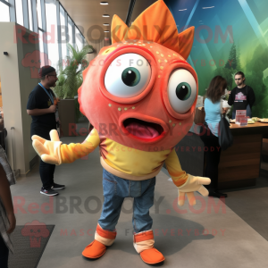 Peach Fish Tacos mascot costume character dressed with a Skinny Jeans and Cummerbunds