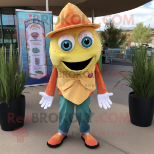 Peach Fish Tacos mascot costume character dressed with a Skinny Jeans and Cummerbunds