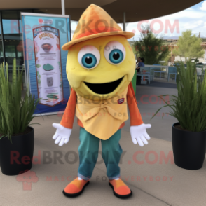 Peach Fish Tacos mascot costume character dressed with a Skinny Jeans and Cummerbunds