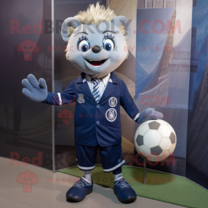Navy Soccer Goal mascot costume character dressed with a Suit Jacket and Hairpins