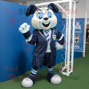 Navy Soccer Goal mascot costume character dressed with a Suit Jacket and Hairpins