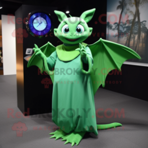 Green Bat mascot costume character dressed with a Maxi Dress and Bracelet watches