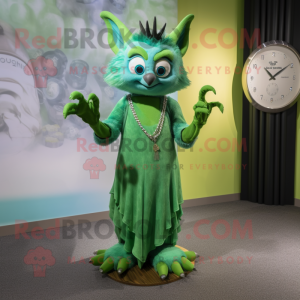 Green Bat mascot costume character dressed with a Maxi Dress and Bracelet watches
