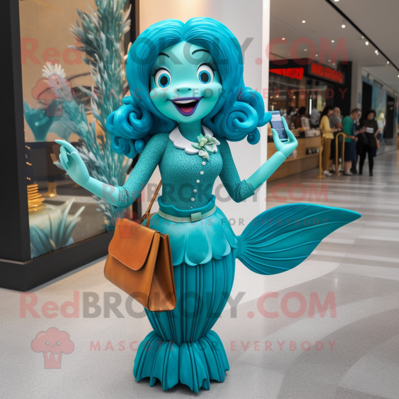 Teal Mermaid mascot costume character dressed with a Pencil Skirt and Handbags Teal Mermaid mascot costume character dressed with a Pencil Skirt and Handbags