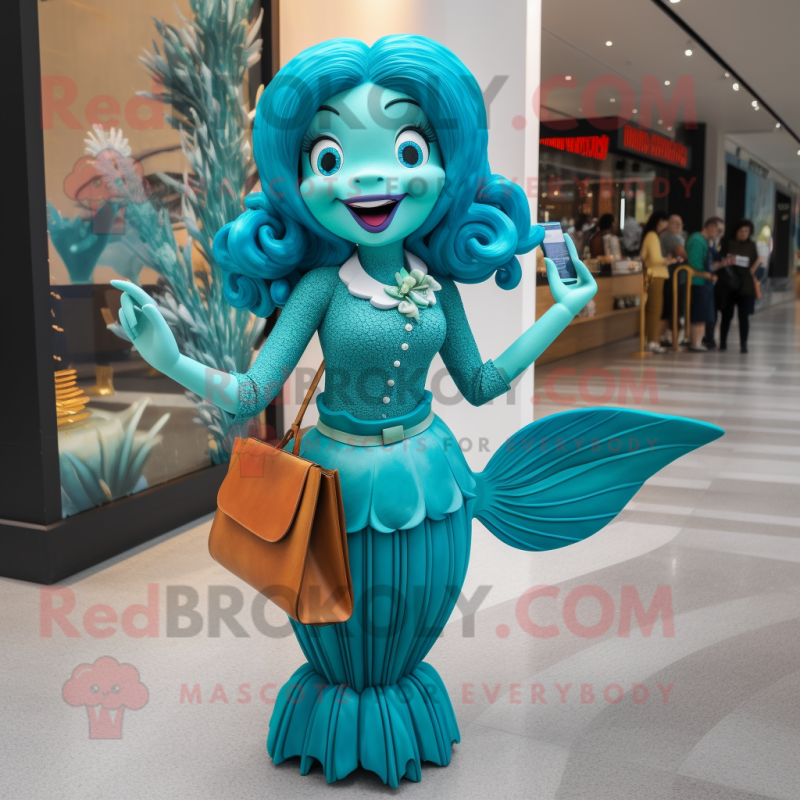 Teal Mermaid mascot costume character dressed with a Pencil Skirt and Handbags