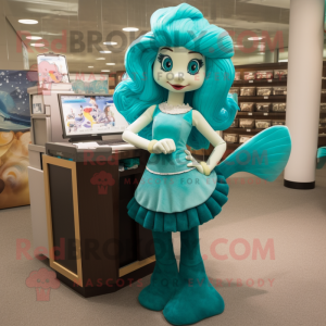 Teal Mermaid mascot costume character dressed with a Pencil Skirt and Handbags