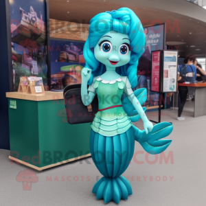 Teal Mermaid mascot costume character dressed with a Pencil Skirt and Handbags