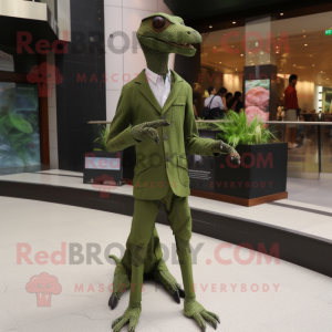 Olive Coelophysis mascot costume character dressed with a Suit and Shawls