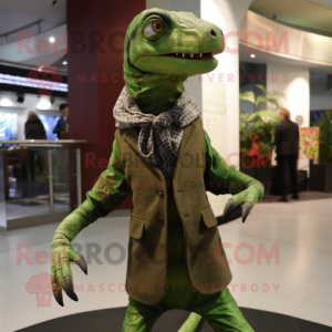 Olive Coelophysis mascot costume character dressed with a Suit and Shawls