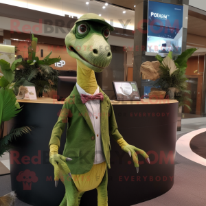 Olive Coelophysis mascot costume character dressed with a Suit and Shawls