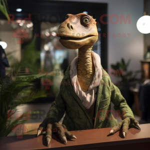 Olive Coelophysis mascot costume character dressed with a Suit and Shawls