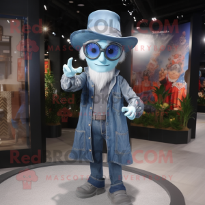 Silver Magician mascot costume character dressed with a Denim Shirt and Eyeglasses