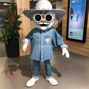 Silver Magician mascot costume character dressed with a Denim Shirt and Eyeglasses