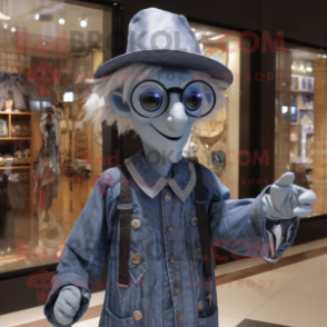 Silver Magician mascot costume character dressed with a Denim Shirt and Eyeglasses