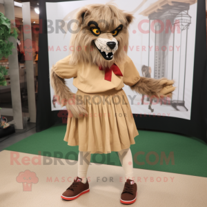 Tan Werewolf mascot costume character dressed with a A-Line Skirt and Shoe laces