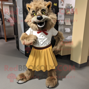 Tan Werewolf mascot costume character dressed with a A-Line Skirt and Shoe laces