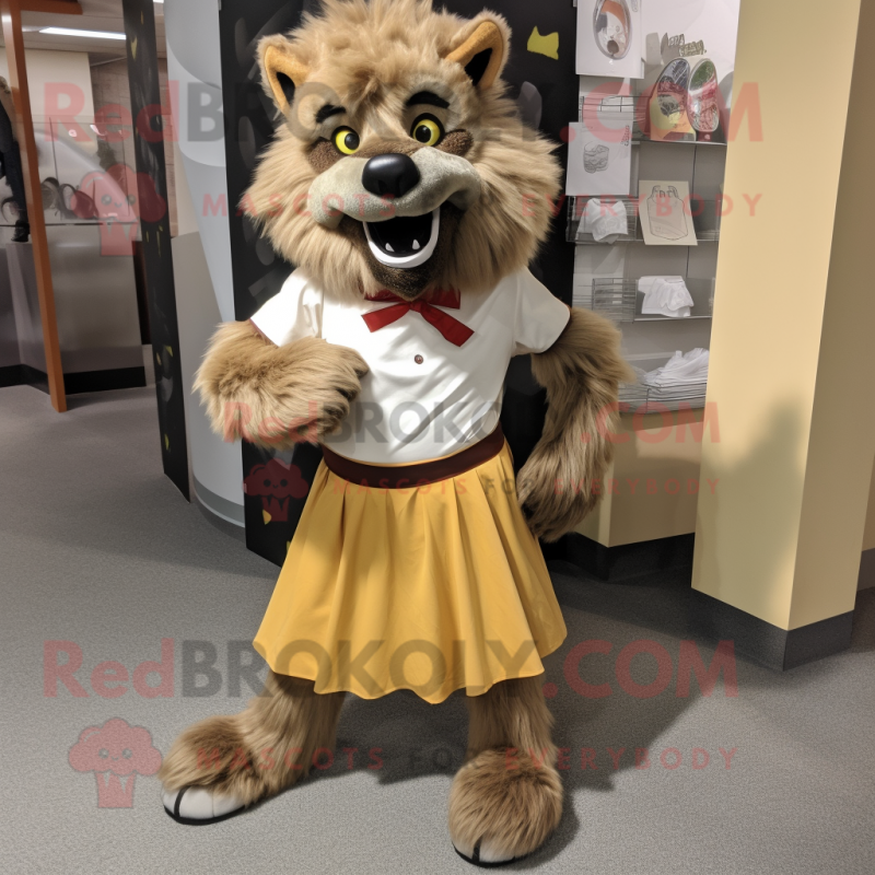 Tan Werewolf mascot costume character dressed with a A-Line Skirt and Shoe laces Tan Werewolf mascot costume character dressed with a A-Line Skirt and Shoe laces