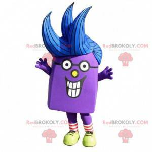 Mascota de muñeco de nieve púrpura muy sonriente -