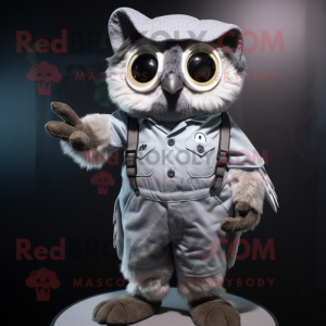 Gray Owl mascot costume character dressed with a Romper and Suspenders