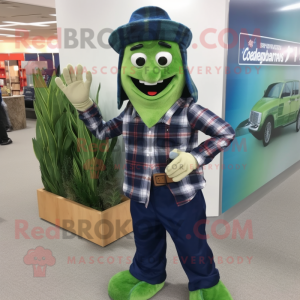 Navy Asparagus mascot costume character dressed with a Flannel Shirt and Bracelet watches