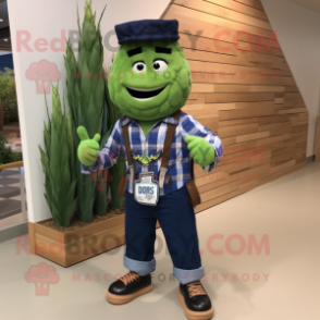 Navy Asparagus mascot costume character dressed with a Flannel Shirt and Bracelet watches