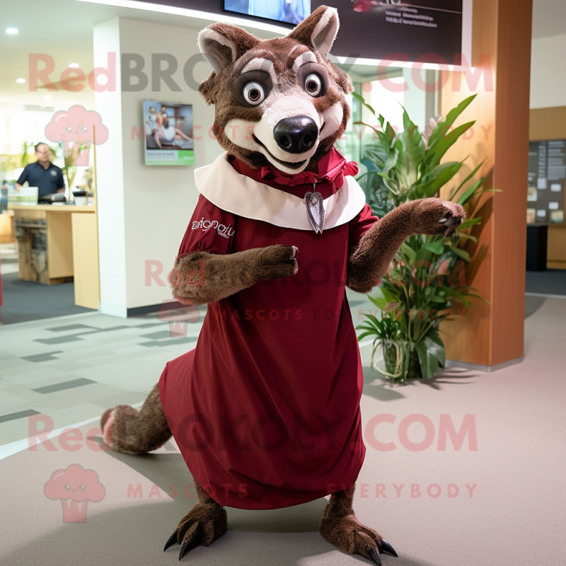Maroon Thylacosmilus mascot costume character dressed with a Wrap Skirt and Brooches