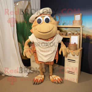 Tan Hermit Crab mascot costume character dressed with a Henley Tee and Pocket squares