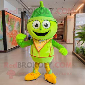 Lime Green Mandarin mascot costume character dressed with a Flare Jeans and Bracelets