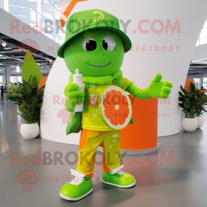 Lime Green Mandarin mascot costume character dressed with a Flare Jeans and Bracelets