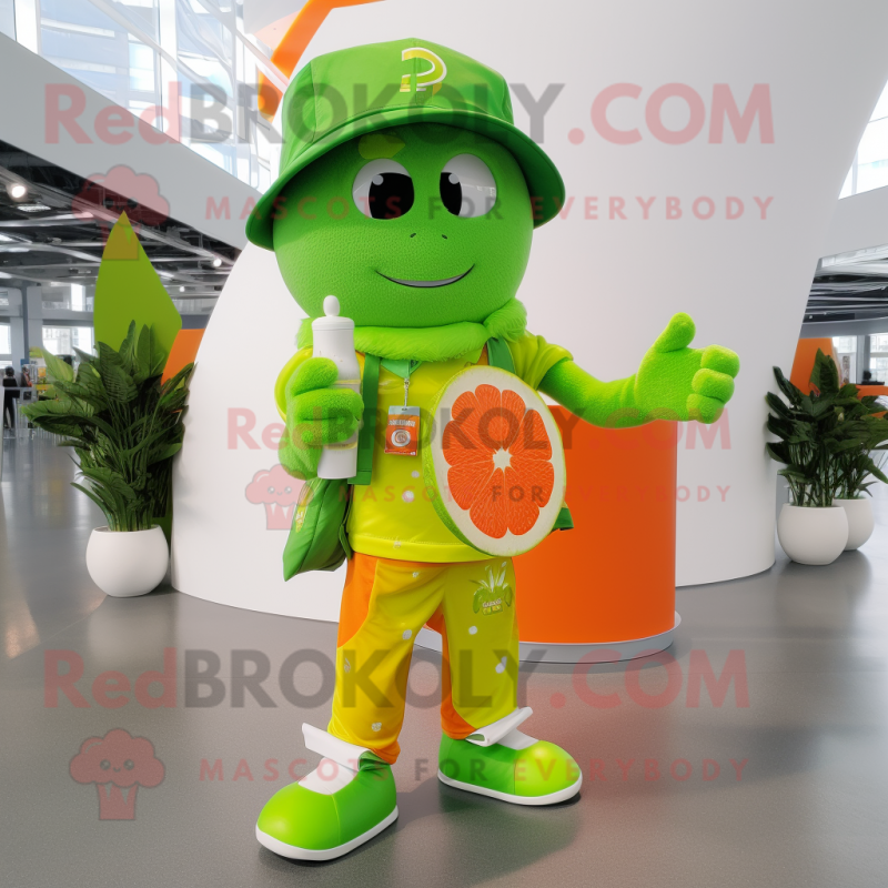 Lime Green Mandarin mascot costume character dressed with a Flare Jeans and Bracelets