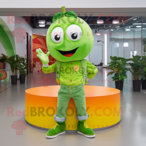 Lime Green Mandarin mascot costume character dressed with a Flare Jeans and Bracelets