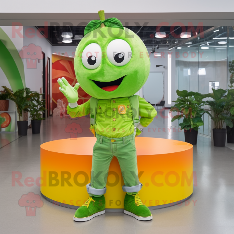 Lime Green Mandarin mascot costume character dressed with a Flare Jeans and Bracelets Lime Green Mandarin mascot costume character dressed with a Flare Jeans and Bracelets