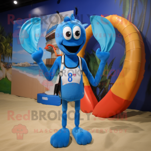 Blue Shrimp Scampi mascot costume character dressed with a Board Shorts and Rings