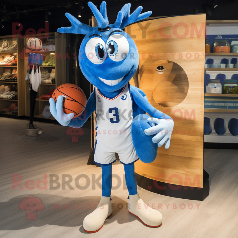 Blue Shrimp Scampi mascot costume character dressed with a Board Shorts and Rings Blue Shrimp Scampi mascot costume character dressed with a Board Shorts and Rings