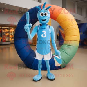 Blue Shrimp Scampi mascot costume character dressed with a Board Shorts and Rings