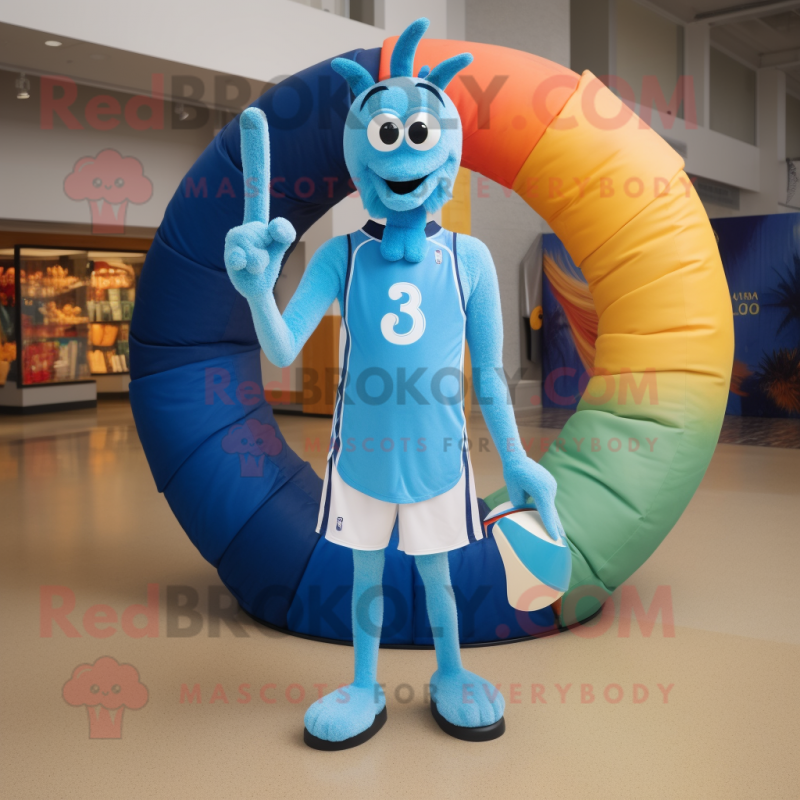 Blue Shrimp Scampi mascot costume character dressed with a Board Shorts and Rings Blue Shrimp Scampi mascot costume character dressed with a Board Shorts and Rings