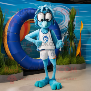 Blue Shrimp Scampi mascot costume character dressed with a Board Shorts and Rings