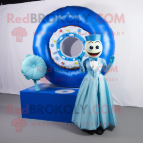 Blue Donut mascot costume character dressed with a Ball Gown and Pocket squares