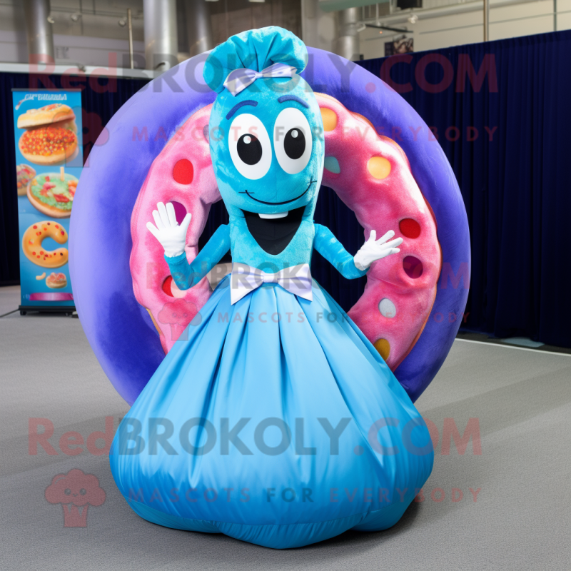 Blue Donut mascot costume character dressed with a Ball Gown and Pocket squares