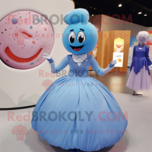 Blue Donut mascot costume character dressed with a Ball Gown and Pocket squares