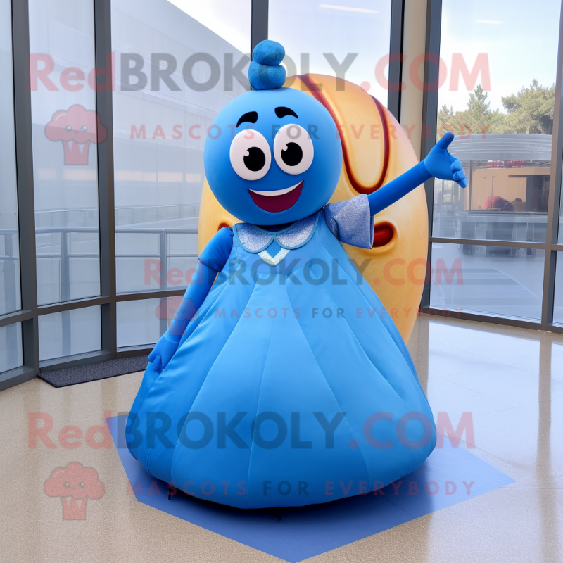 Blue Donut mascot costume character dressed with a Ball Gown and Pocket squares Blue Donut mascot costume character dressed with a Ball Gown and Pocket squares
