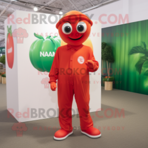 nan Tomato mascot costume character dressed with a Jumpsuit and Cufflinks