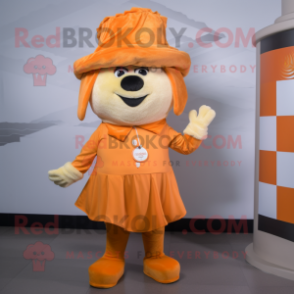 Orange Shepard'S Pie mascot costume character dressed with a Blouse and Hats