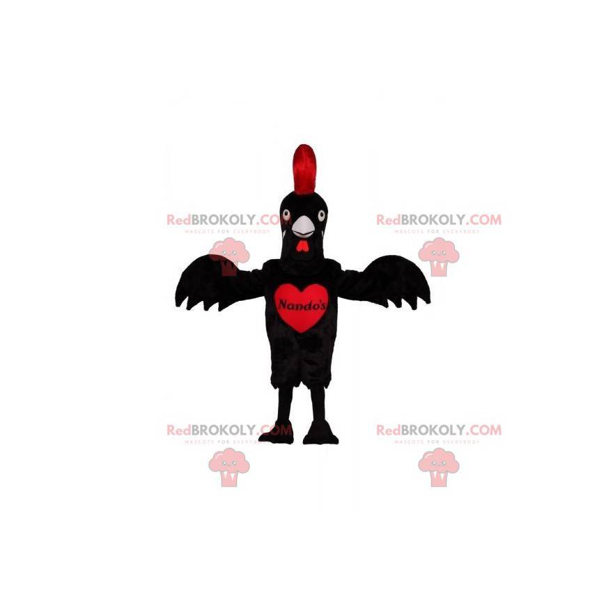 Mascotte gigante del gallo nero e rosso con un cuore -
