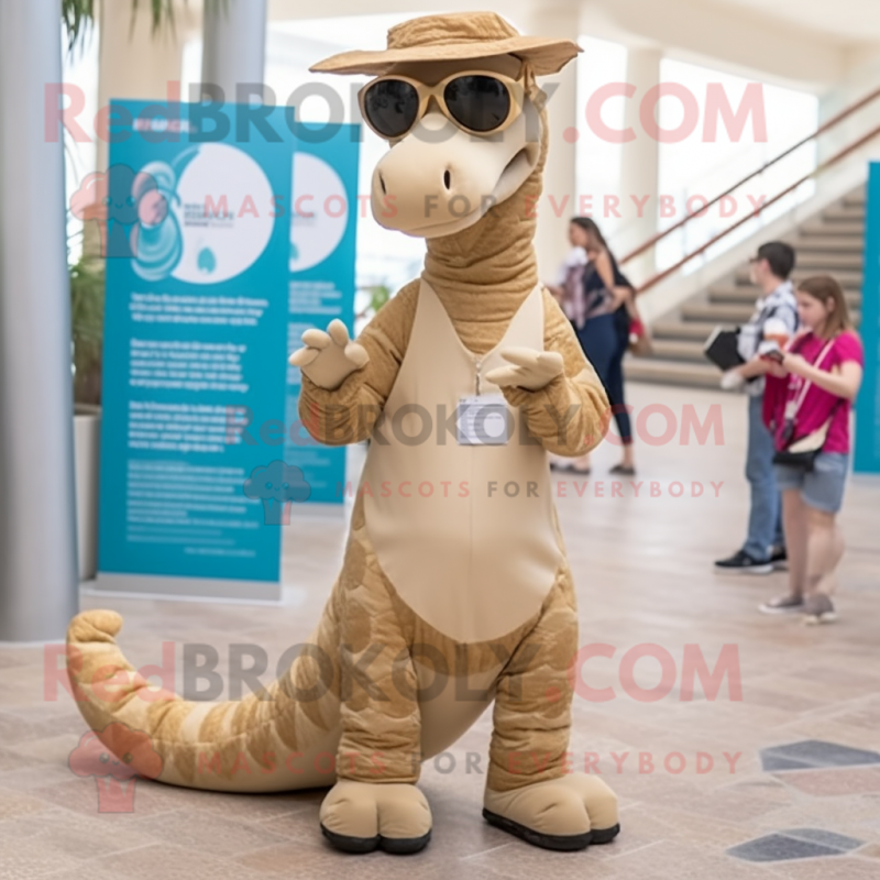 Tan Sea Horse mascot costume character dressed with a Midi Dress and Sunglasses